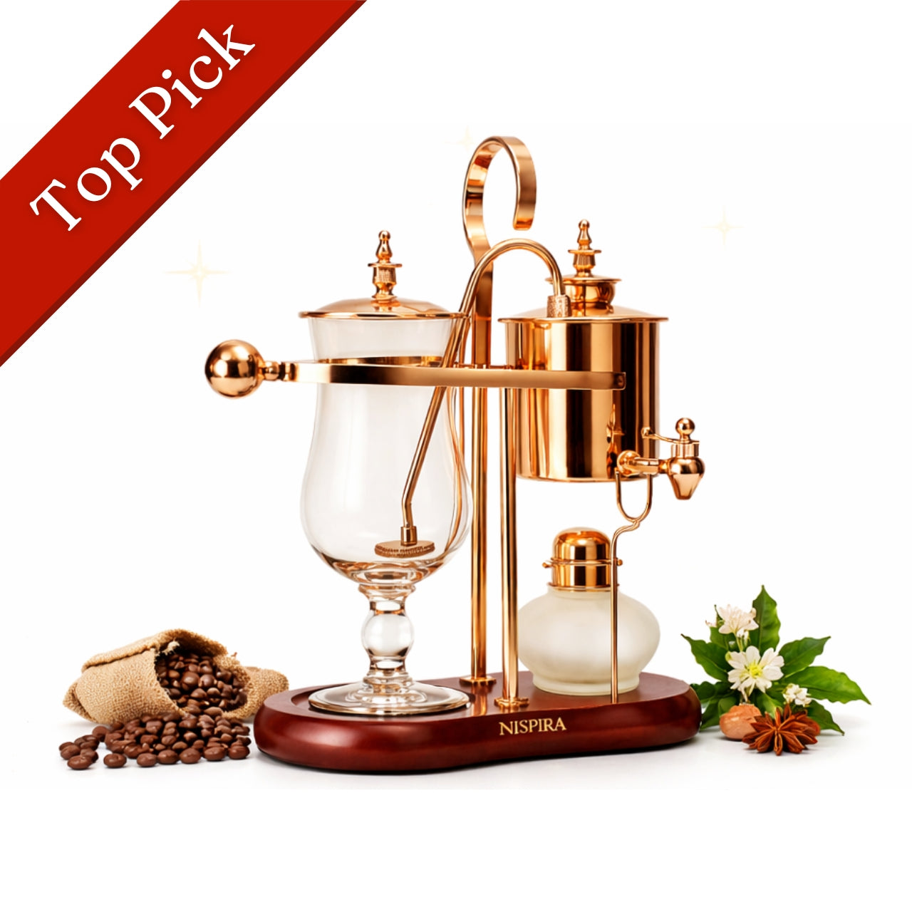 Vintage Belgian syphon coffee maker in copper with glass vacuum chambers on tabletop
