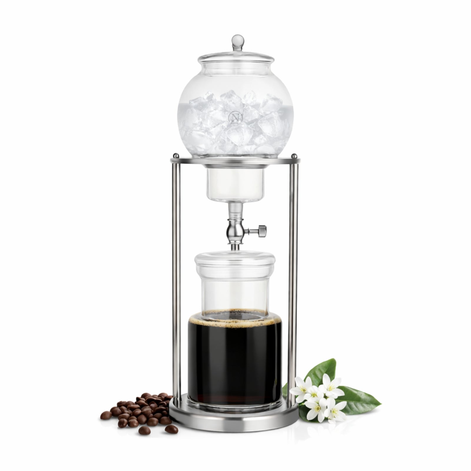 Nispira luxury ice cold brew coffee dripper in stainless steel and borosilicate glass